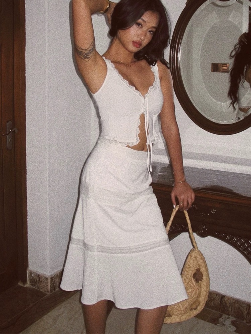 Women's White Set : lace top + Midi Skirt